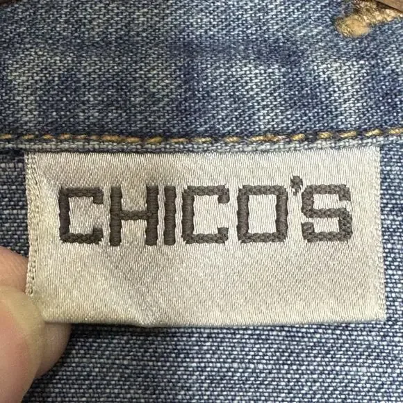 Chico's Jacket Womens 1 Medium Blue Denim Embroidered Applique Boho Mixed Media - Picture 3 of 10